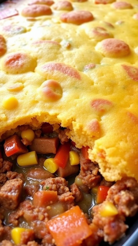 A hearty chopped beef and cornbread bake, golden cornbread topping over savory beef and vegetables in a rustic dish.